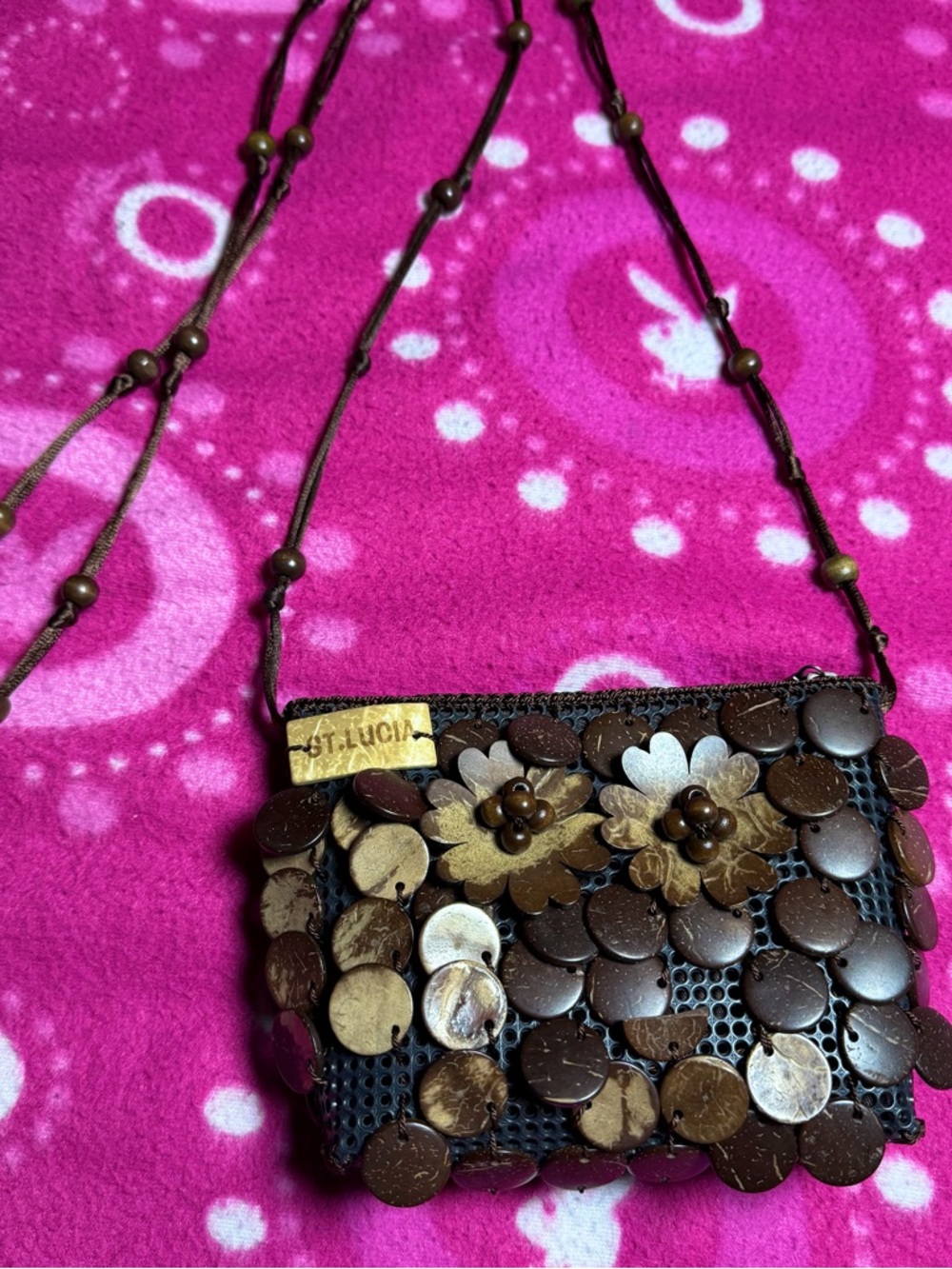 Vintage Handmade Beaded Coconut Shell Purse